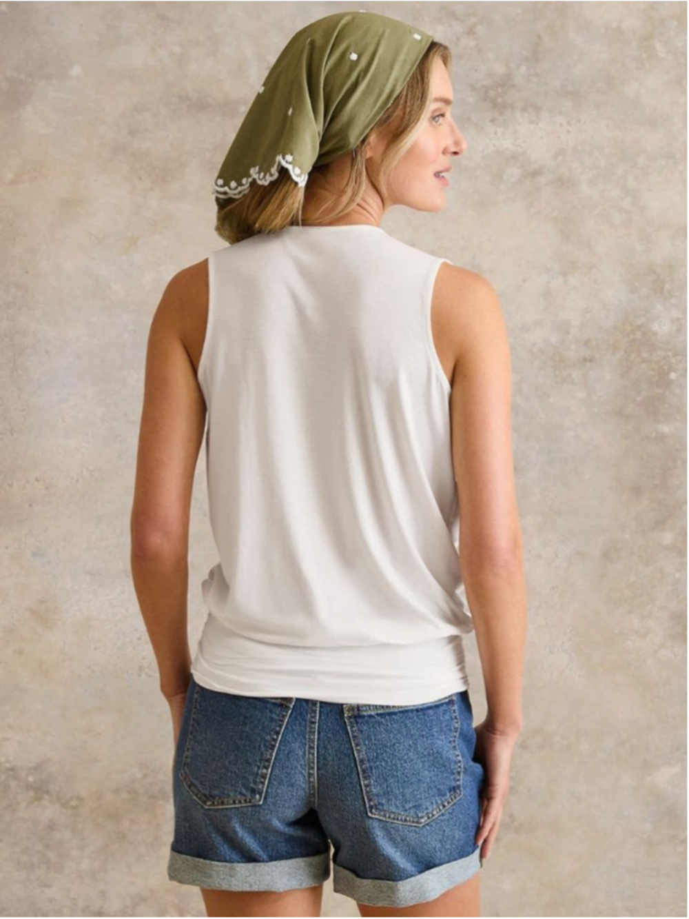 Garnet Hill Banded Surplice Knit Tank Top S Tan White Striped Wrap Blouson - Picture 5 of 10